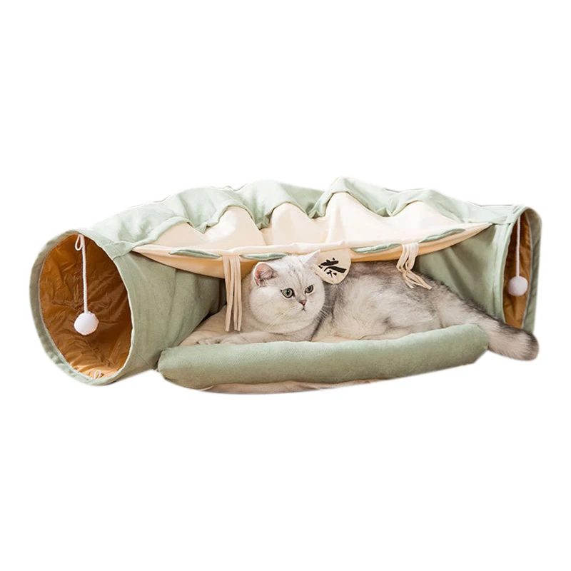 

Cat Dog Tunnel Bed with Mat, Collapsible 3 Way Cat Tube Condo Play Toy with Peek Hole Fun Ball Indoor Outdoor Interactive Hideou