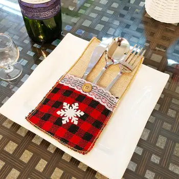 

New Year Snowflake Xmas Knife Fork Cover Christmas Grid Red White Tableware Cover Bow Flake Tableware Decoration Christmas Decor