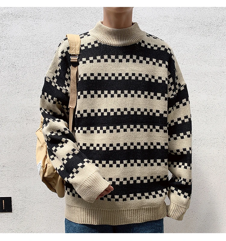 Winter Sweater Men Warm Fashion Contrast Color Casual Knit Sweater Man Sweter Clothes Loose Long-sleeved Pullover Male Clothes