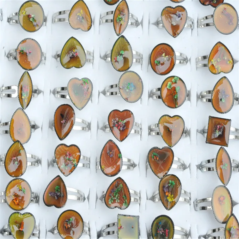 Wholesale 5pcs Chang Color Mood Rings for Women Dried Flower Adjustable Mix Lot Heart Square Shape Ring Jewelry