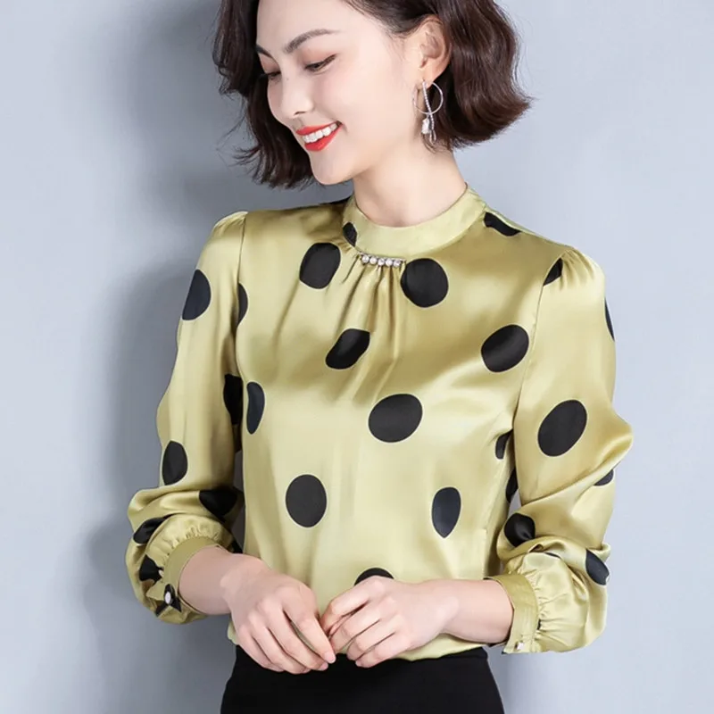 Korean Silk Blouses Women Polka Dot Satin Blouse Vintage Shirt Plus Size Woman Long Sleeve Print Shirt Blusas Femininas Elegante