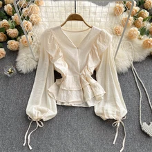 

Spring New Women Layered Ruffle Blouse Shirt Vintage Work Casual Tops Chiffon Blouse Bow Elegant Slim Women Business Shirts 2022