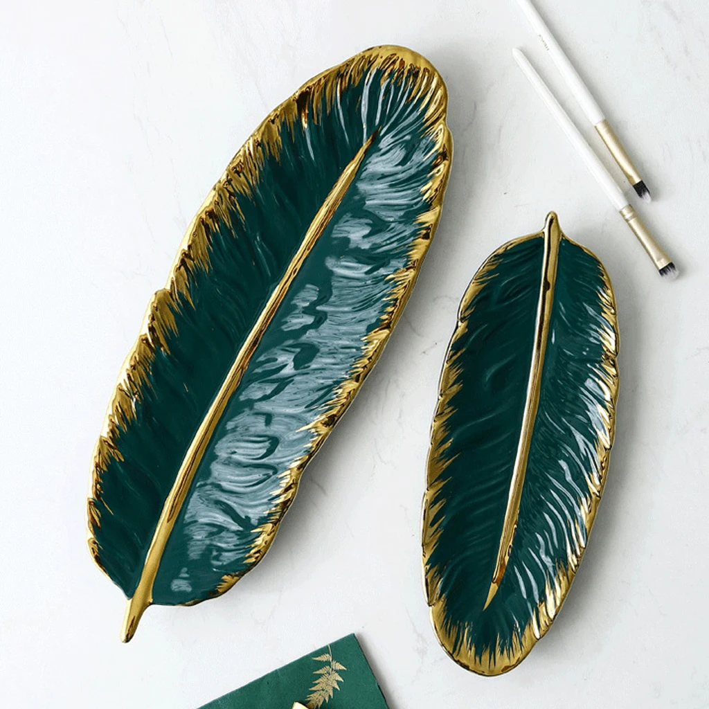 Jewelry Plate Green Golden Leaf Shaped Tray Dish Ceramic Home Decor Ornament