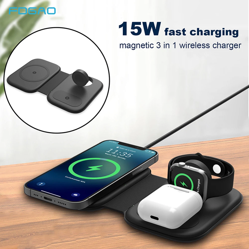 3 in 1 Foldable Magnetic Charger for iPhone 12 Pro Max Apple Watch 6 5 4 3 2 15W Fast Charge For Samsung S21 S20 Galaxy Buds Pro