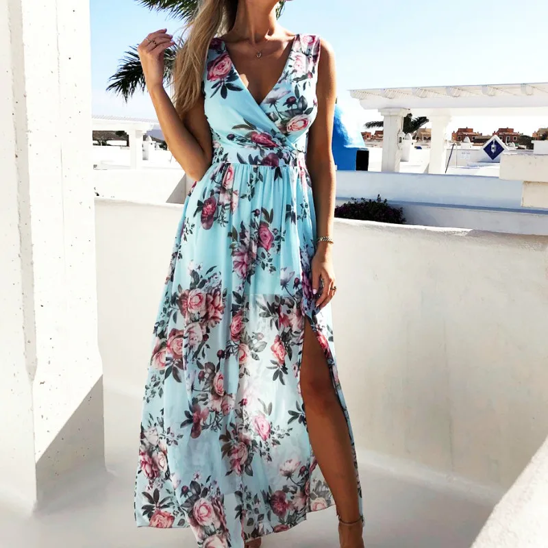 Женское длинное платье макси с цветочным принтом, летнее пляжное вечернее для вечеринок без рукавов, цветочный Сарафан