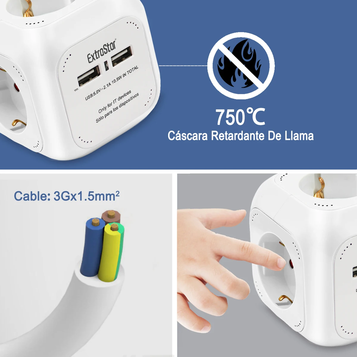 ExtraStar®Power Cube Cable 1.5 m Power Strip 4 Outputs, with 2 for USB charging 5V/2.1A, white/blue/red/mixed