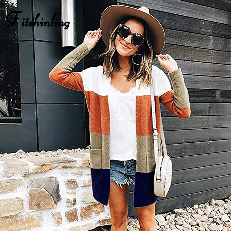 

Fitshinling Patchwork Pocket Boho Long Cardigan Women Sweater Autumn Winter Slim Knitted Jackets Outerwear Slim Casual Cardigans
