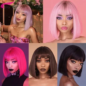 

KRN 4inch deep part Lace Front Human Hair Wigs With Bangs Brazilian Remy Glueless Purple Brown Ombre Pink cheap Short Bob Wigs