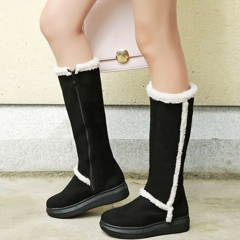 FITWEE New Winter Warm Knee High Boots For Women Side Zipper Flats Shoes Leisure Outdoor Fur Women Footwear Size 34-43