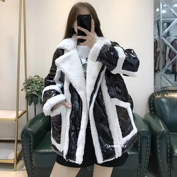 

2020 New European winter new silver/black/sliver/pink/yellow bright really lambs wool splice 90% down jacket women female coat