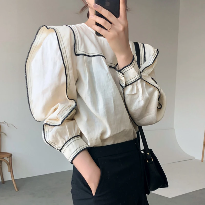 ladies shirts Casual O-neck Patchwork Women Blouses Shirts Full Sleeve Ruffles Female Blouses Shirts 2020 Spring Summer Tops Blusas off the shoulder shirts & tops