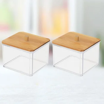 

2PCS Transparent Cotton Swab Holder Acrylic Cotton Pads Dispenser Bamboo Cover Cosmetics Container Makeup Storage Holder