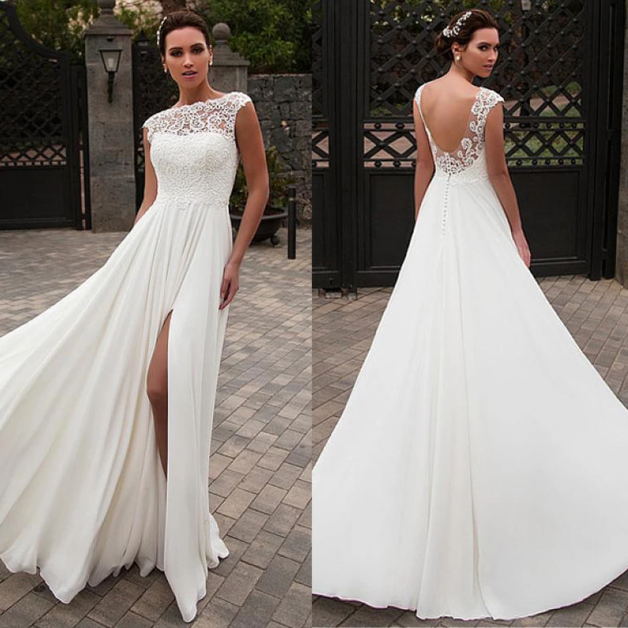 

Elegant Beach Wedding Dress Scoop Split Bridal Gown Chiffon Lace Sleeveless Vestido De Noiva Bridal Dress Custom Size Mariage