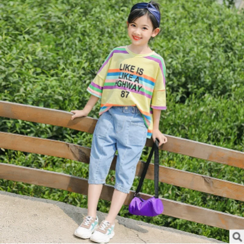 

Girls Calf-Length Jeans Clothing Set 2019 New Summer Children's Kids Clothes Sets 2 Piece 2 Striped Letter Colors Size4-14 ly366