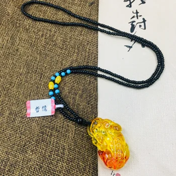 

Zhe Ru natural beeswax amber carved unicorn pendant with three-color jade bead necklace men and women sweater chain