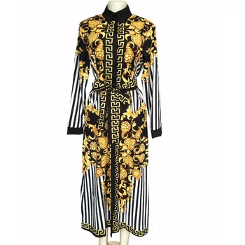 

New African Print Elastic Bazin Rock Style Dashiki Long Sleeve Autumn Winter Shirt Dress for Lady High Quality Digital Printing