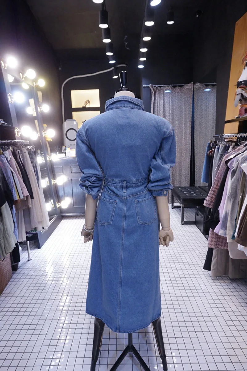 Primavera e Outono Fina sobre o Joelho Coreano Nova Divisão Camisa Jeans Vestido Feminino Cintura Apertada Midi 2021 22 2021 primavera e outono coreano nova divisão