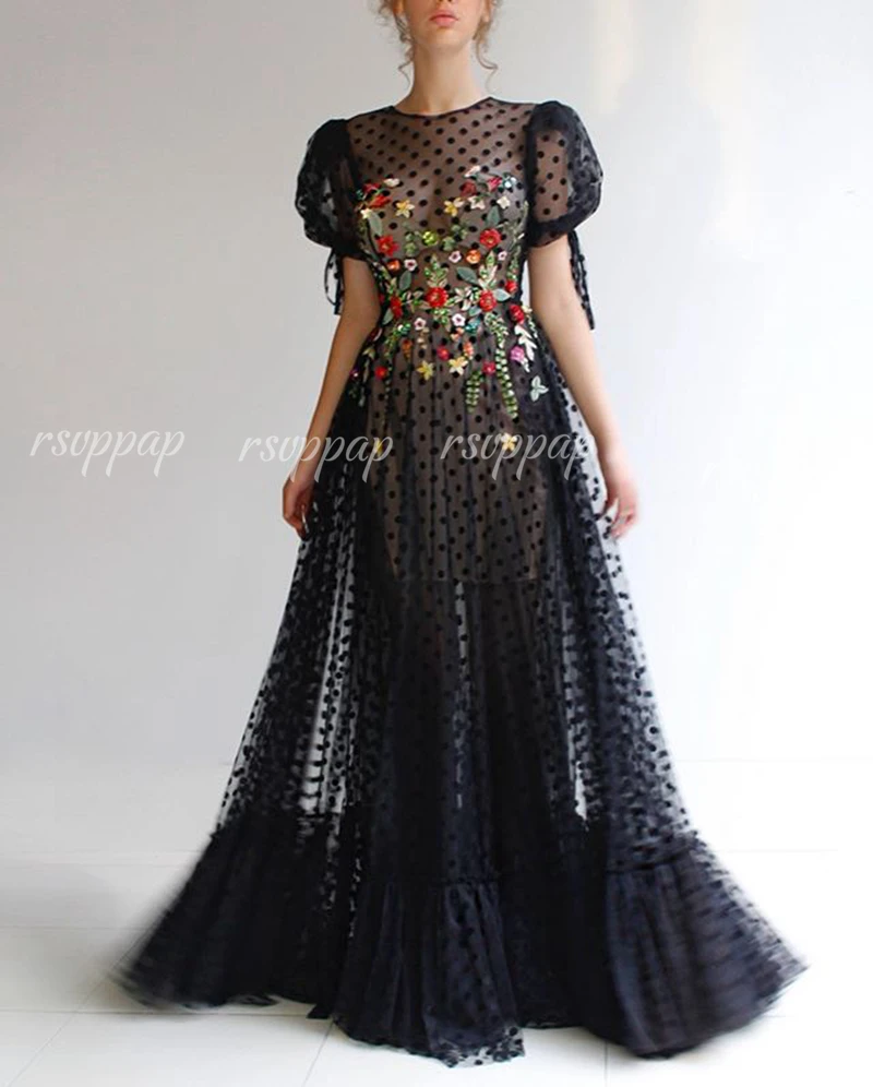 

New Arrival Long Dresses Evening 2020 Short Sleeve See Through Flowers Arabic Style Women Black Tulle Formal Gowns