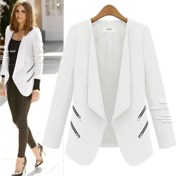 

Women Blazer Black White Blue Blazer Long Sleeve Zipper Pocket Jacket Coat for Women Ladies Chaqueta Mujer Blazer Feminino Femme