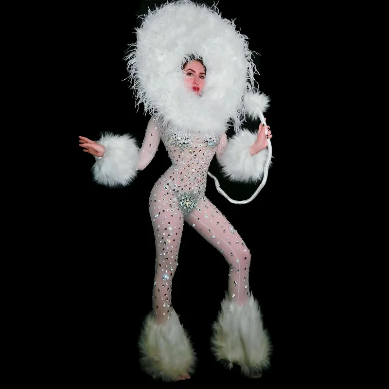 

Sparkly Rhinestones Faux Fur Jumpsuit White Feather Headgear Sexy Mesh See Through Nightclub Birthday Party Dress Stage Costume