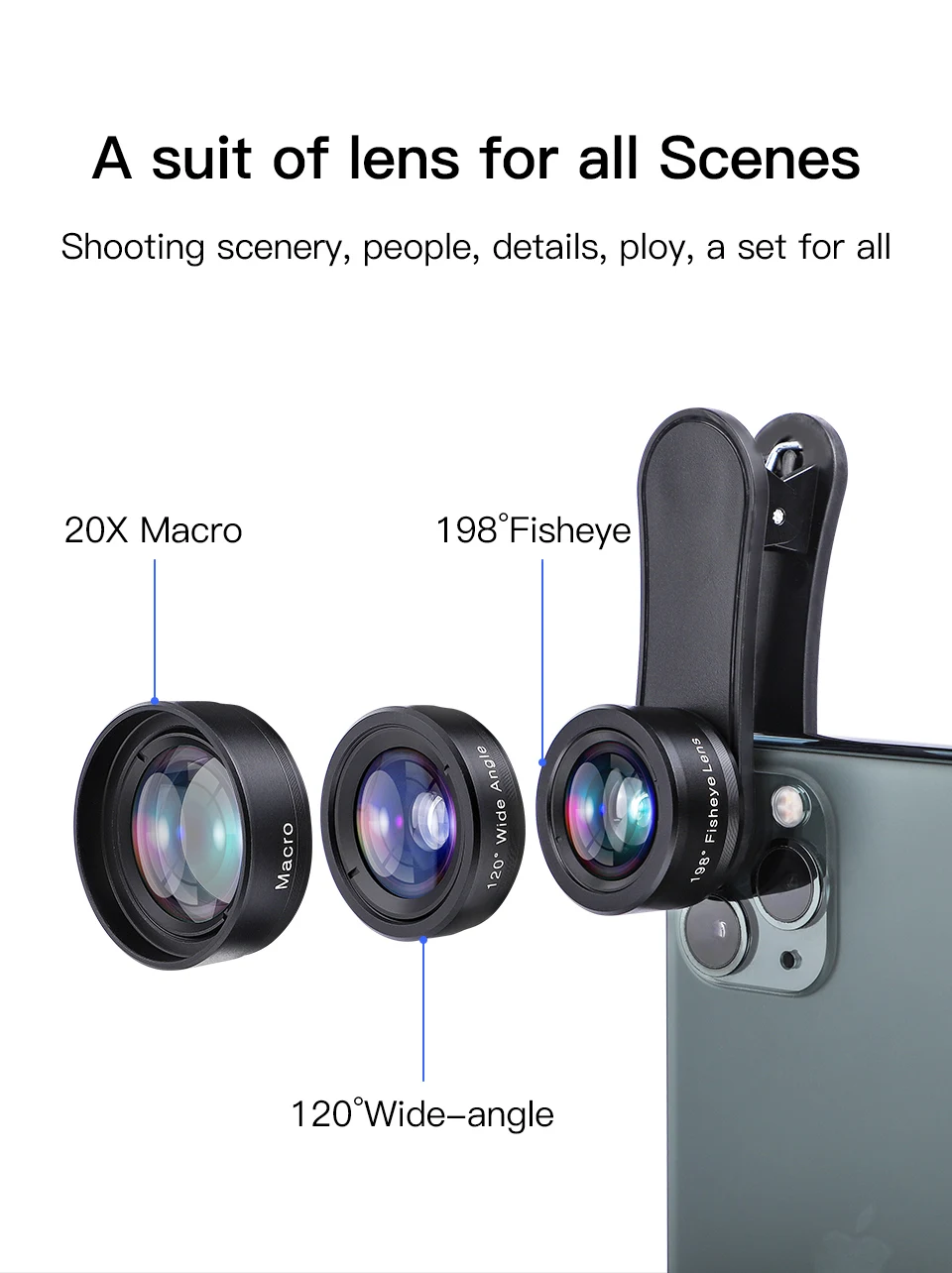 KUULAA 4K HD объектив камеры мобильного телефона Комплект 3 в 1 широкоугольный Объектив Макро Рыбий глаз линзы для iPhone 11 Pro Max huawei P20 Pro samsung