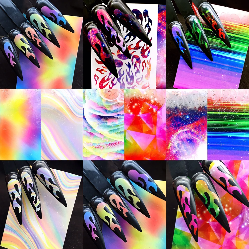 

6pc Fire Nail Holographic Strip Tape Nail Art Sticker Fire Design 3D Colorful Flame Fashionable DIY Nail Art Decoration Sticker