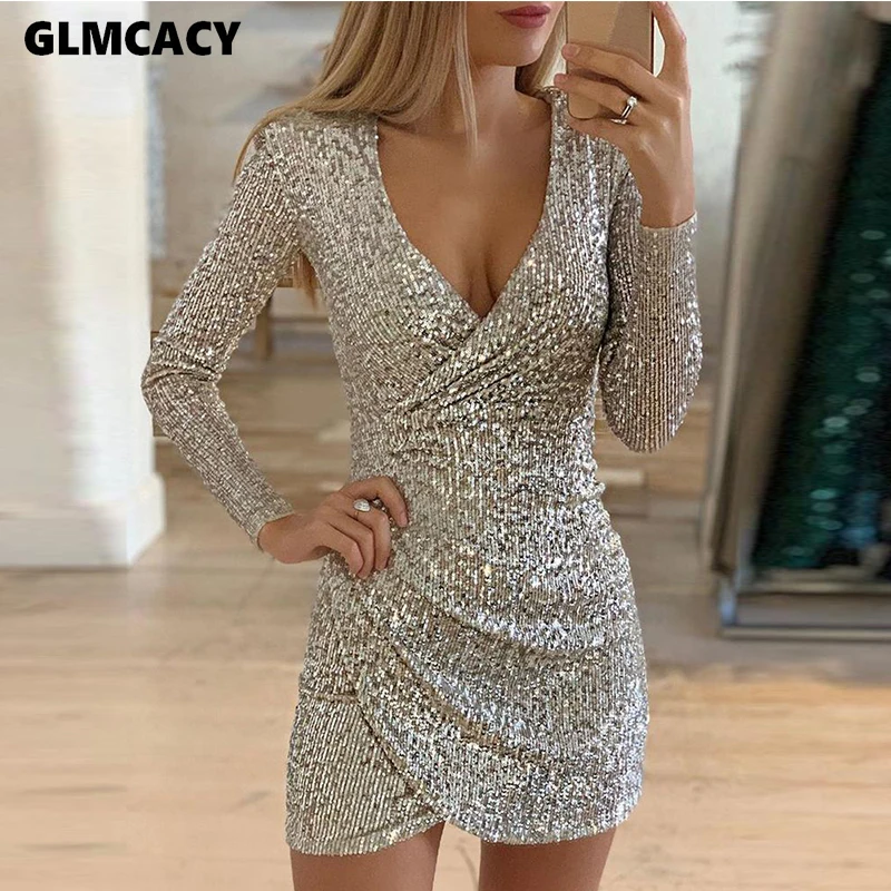 

Women Sequined Shining Sparkly Long Sleeve Plunge V-neck Draped Vestido Dress Elegant Spring Fall Night Out Party Dress