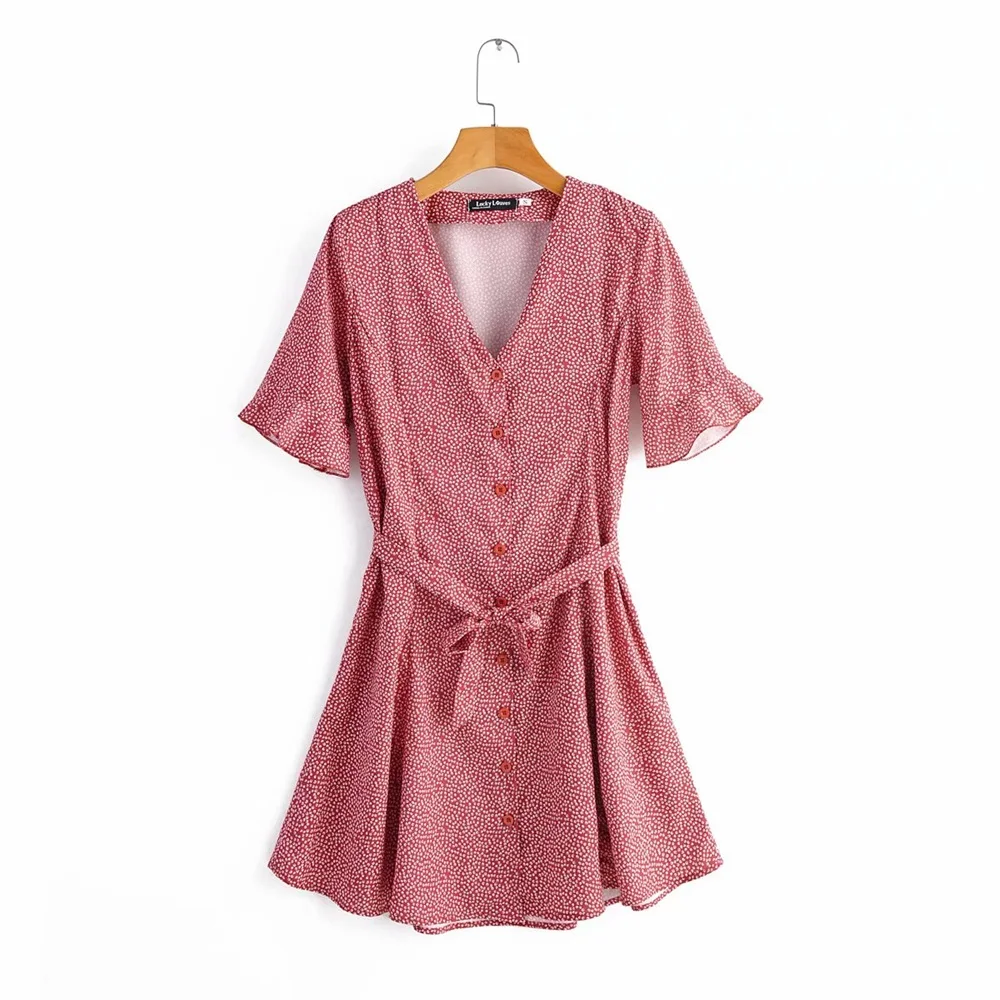 Женское однобортное мини платье с поясом облегающее для отпуска V образным