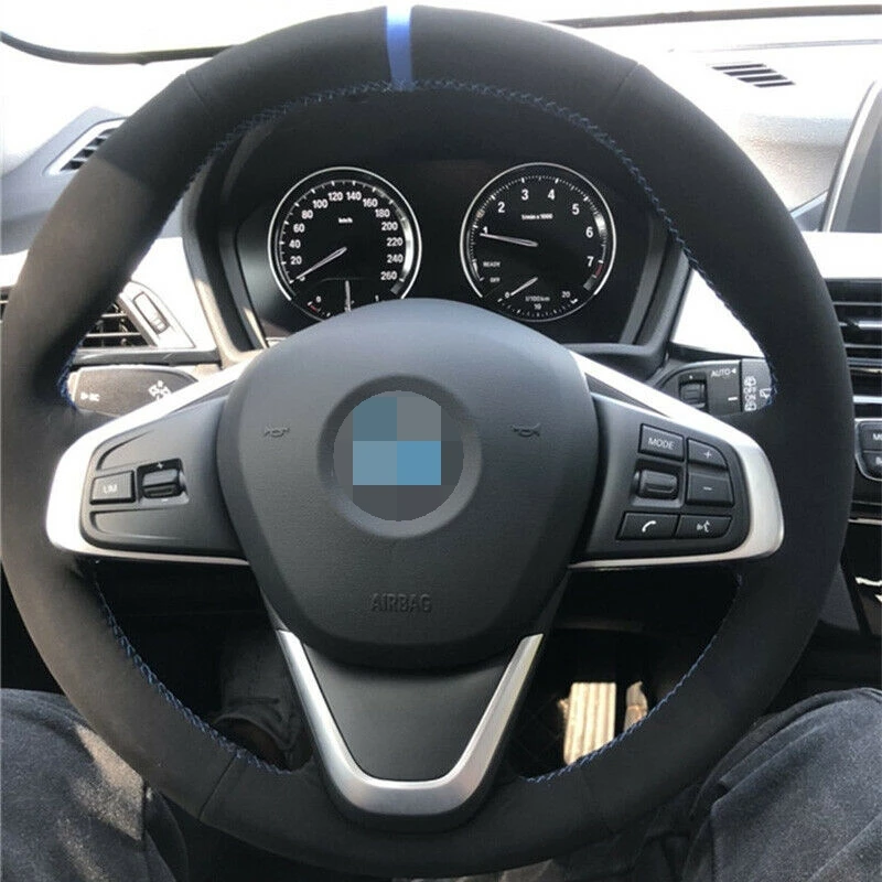 

For BMW X2 2020 DIY Black Suede Leather Blue Marker Blue Thread Steering Wheel Hand-stitch on Wrap Cover
