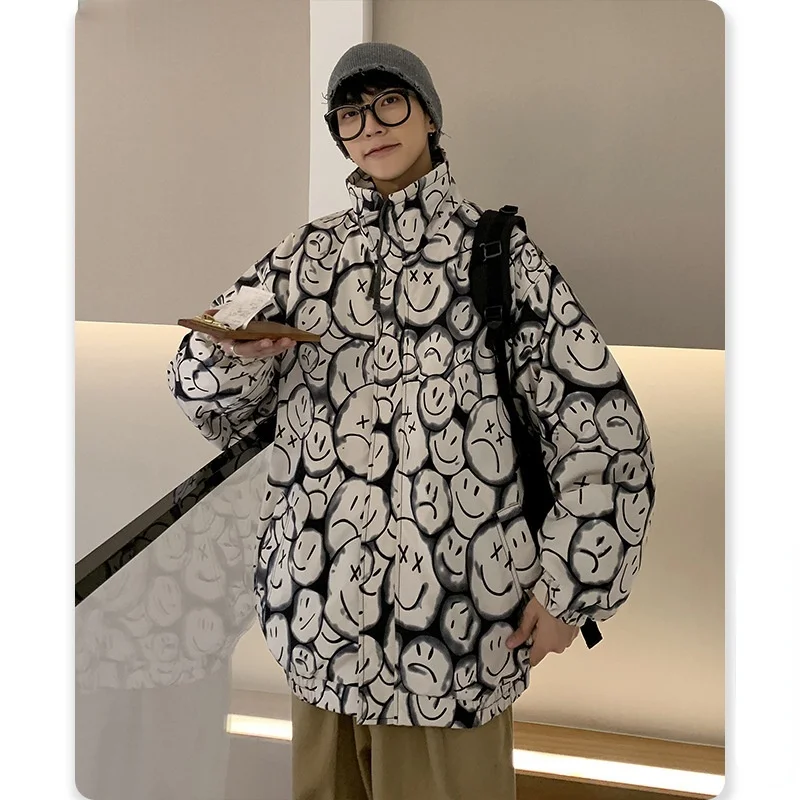 2021 Hip Hop Jacket Parka Korean Streetwear Men Windbreaker Harajuku Winter Padded Jacket Male Cartoon Printed Coat Thin Outwear 1