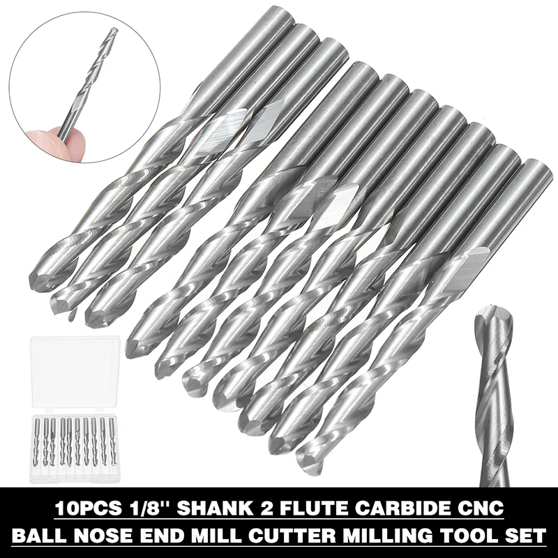 10pcs 1/8'' Shank Ball Nose End Mill 2 Flute Carbide CNC Spiral Milling Cutter Tool Router Bits Set Wood Plastics Engraving Bit |