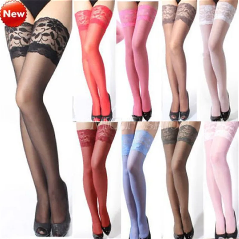 White Lace Topped Thigh High Sheer Stockings Ladies Sexy Women Hold Ups UK