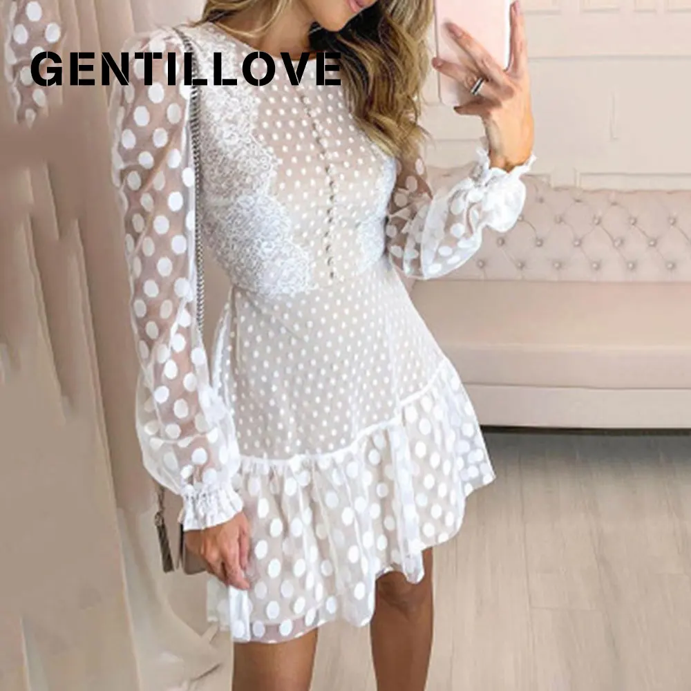 

Elegant White Embroidery Party A-line Dress Women Spring Mesh Long Sleeve Patchwork Mini Dress Polka Dot Ruffled Dress Vestidos