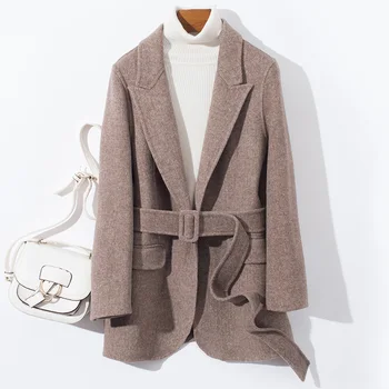 

New high-end double-faced wool overcoat women's short Korean version tied hand-made cashmere overcoat, slim wool overcoat