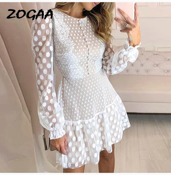 

ZOGAA Polka-dot Lace Stitching Women Long Sleeve Mini Short Dress Elegant White Transparent Mesh Autumn A Line Party Clothes