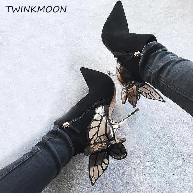 Butterfly Women's Boots Winter Shoes Ankle Boots High Heels Booties For Ladies Suede Black Metallic Wings On Your Foot botas