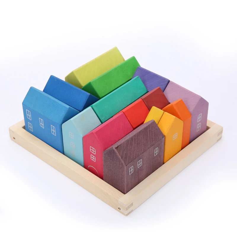 US $100.19 Wooden Rainbow House Blocks Natural Wood Colorful Blocks Kids Montesori Toys Stacking Jenga Game Educational Toys for Children