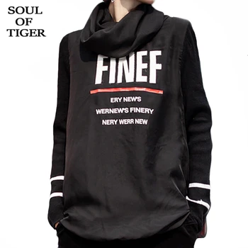 

SOUL OF TIGER 2019 Korean Fashion Ladies Knitted Patchwork Tee Shirts Womens Punk Printed Tops Winter Turtleneck Cotton T-shirts