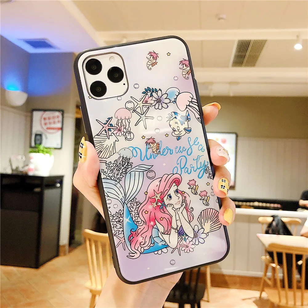 C Hello kitty Маленькие близнецы звезды блестящий чехол из закаленного стекла для телефона для iphone 11 Pro Max 7 8 plus X XR XS MAX маленький чехол с русалкой - Цвет: C