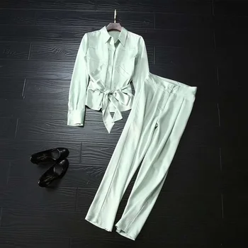 

High Quality Work Suits 2020 Spring Business Suit Women Turn-down Collar Belt Tops Shirts+Ankle Length Green Pants Set Female