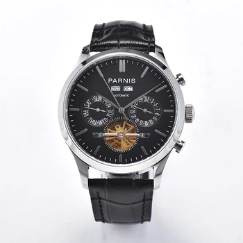 

Parnis 43mm black skeleton dial sapphire crystal date week multifunction automatic movement men's wrist watch