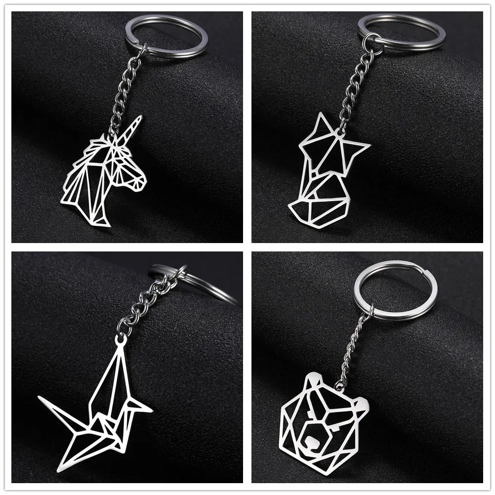 

SKYRIM Fashion Fox Crane Ericius Unicorn Charm Car Keychain Stainless Steel Bear Rabbit Bird Key Ring Holder Gift for Men Women