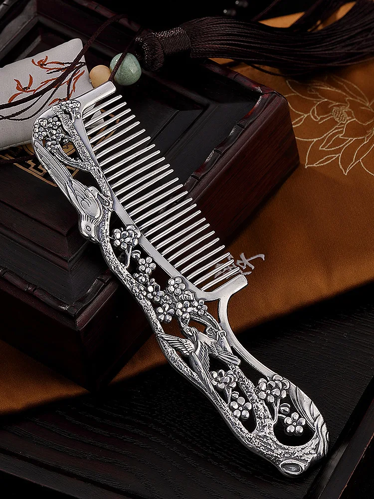 999 Чистое серебро Ретро Индивидуальность Magpie Слива креативная серебряная с подвесом расческа для волос