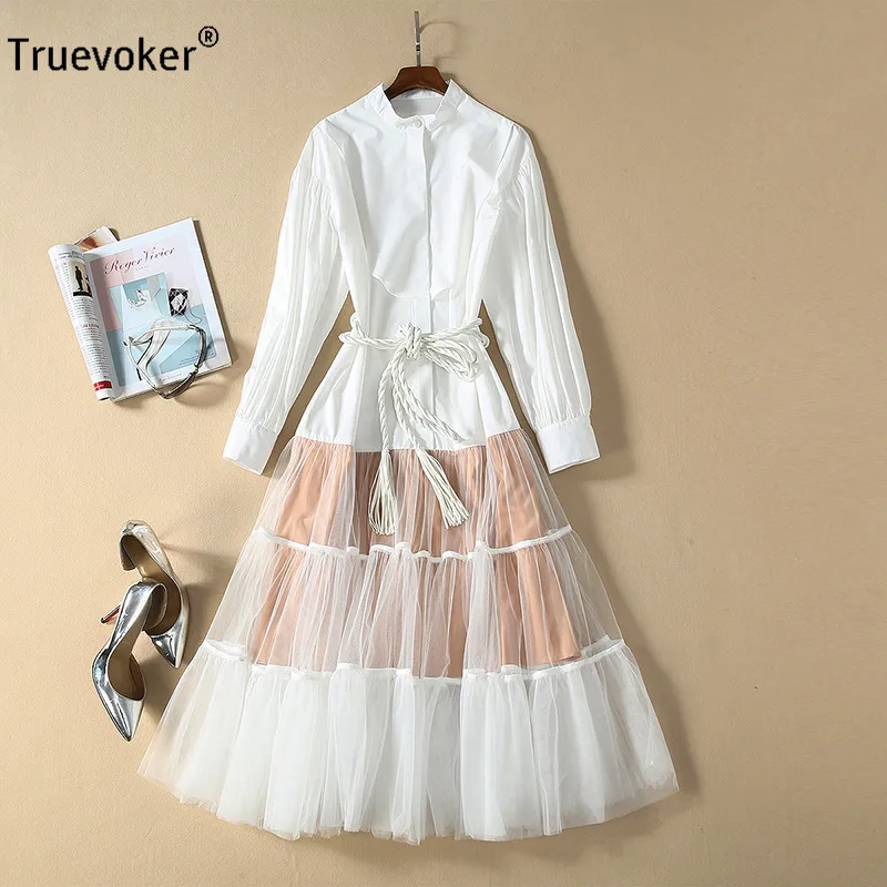 

Truevoker Spring Fashion Runway Lace Dresses Women's High Street Long Sleeves Cotton White Gauze Party Dress