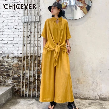 

CHICEVER Two Pieces Set Women Lapel Collar Half Sleeve Irregular Shirt High Waist Wide Leg Pant Oversize Female Suits Summer New