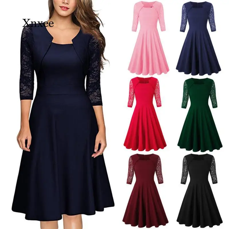 Elegant O Neck Midi Dress Autumn Vintage Women 1950S Retro Square Lace 3/4 Sleeve Work Party Cocktail Swing Dresses | Женская одежда