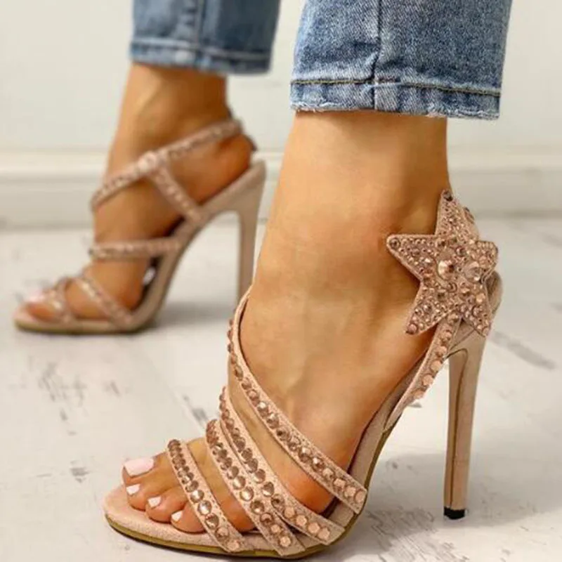 

Crystal Woman Sandals Summer Cut Out Narrow Band Crystal Embellished Studded Star Pattern Thin Heeled Sandals