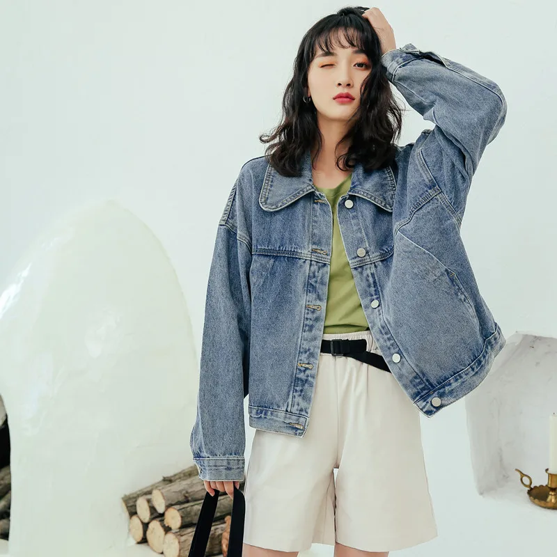 

Single Breasted Jeans Jacket Vintage Autumn New Loose Casual Harajuku Long Sleeve Turn Sleeve Denim Jacket Coat Plus Size Coat