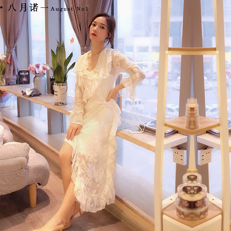 

Hot Sales 2020 Spring Dress Solid Color Irregular Lace Flounced Pullover Blouse V-neck Elegant Dress