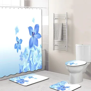 

Toilet Cover Seat 4PCS Sea Style Non Slip Toilet Polyester Cover Mat Set Bathroom Accessories Set Shower Curtain Home Decor